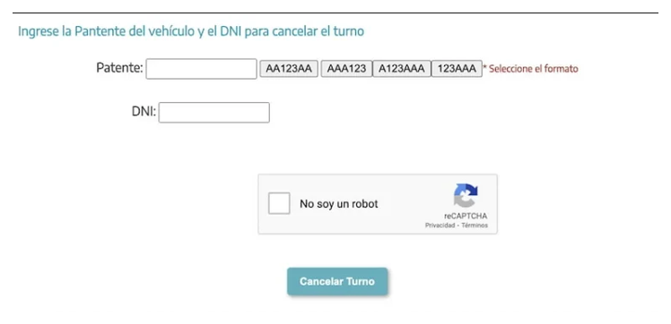 Pantalla para cancelar el turno de la VTV en Santa Teresita con patente y DNI